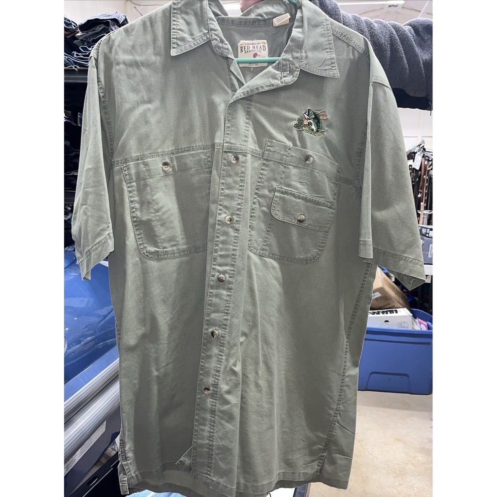 Mens Sz‎ large redhead green button down short sleeve shirt fishing